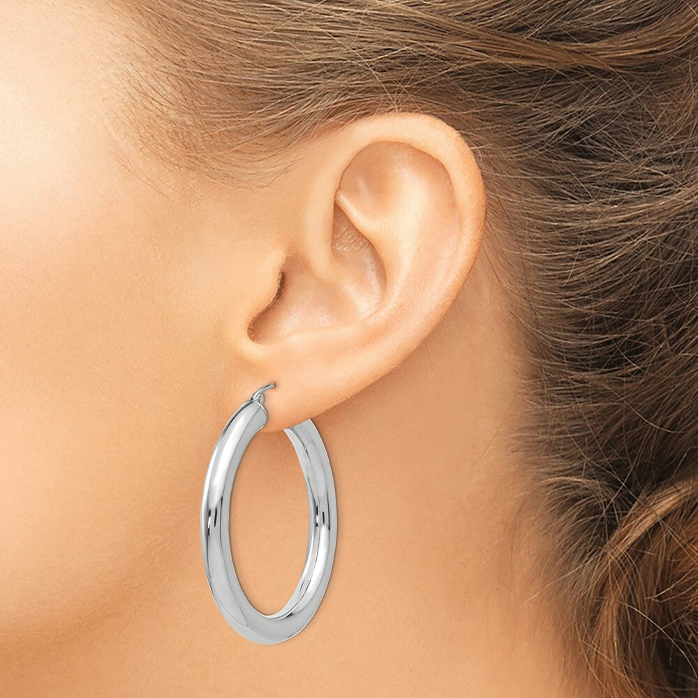 14K White Gold Polished 5mm Tube Hoop Earrings  40mm length