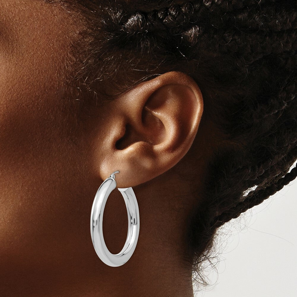 14K White Gold Polished 5mm Tube Hoop Earrings  35mm length