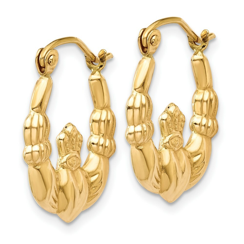 14K Yellow Gold Polished Claddagh Hoop Earrings 10mm length