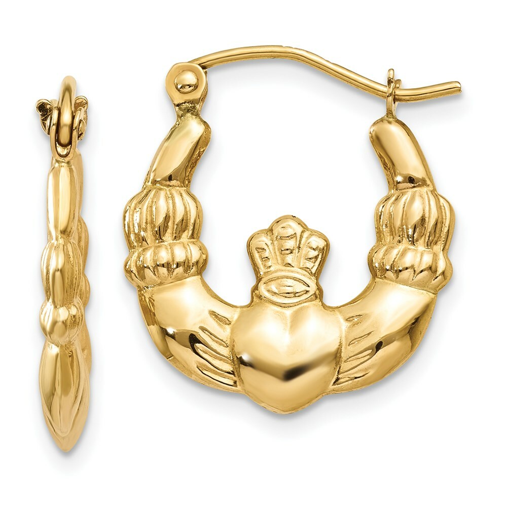 14K Yellow Gold Polished Claddagh Hoop Earrings 10mm length