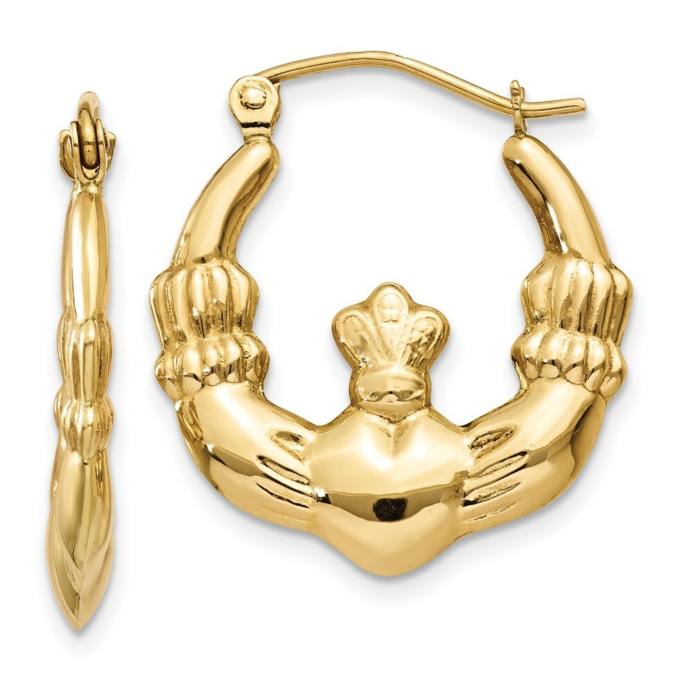 14K Yellow Gold Polished Claddagh Hoop Earrings 13mm length