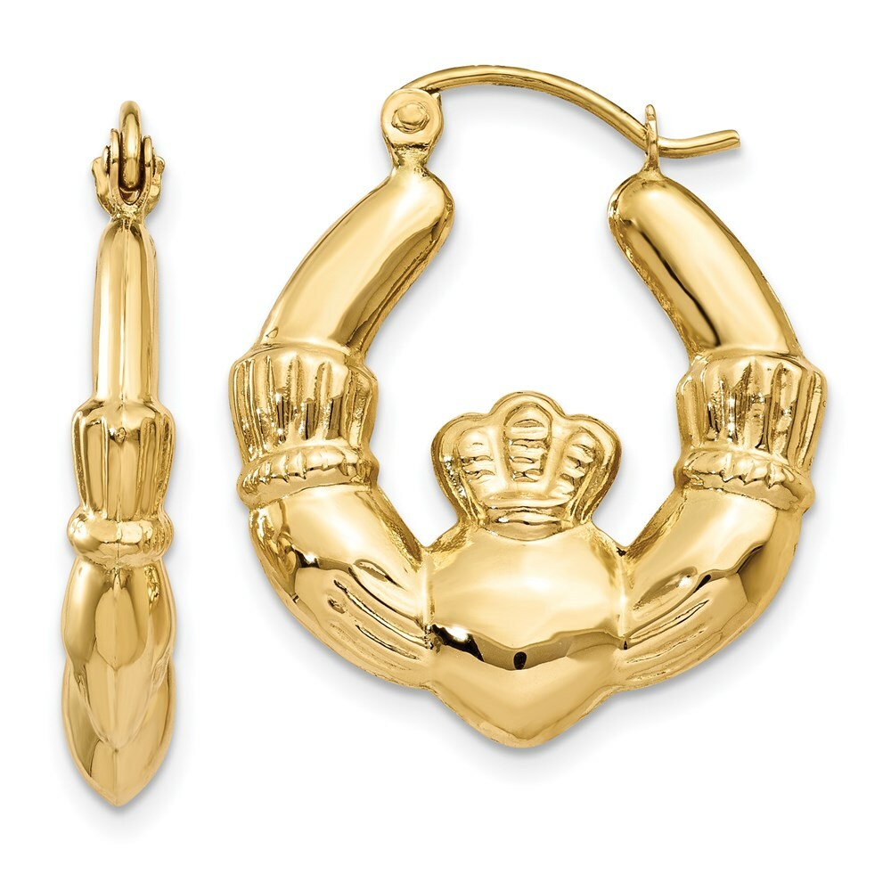 14K Yellow Gold Polished Claddagh Hoop Earrings 10mm length