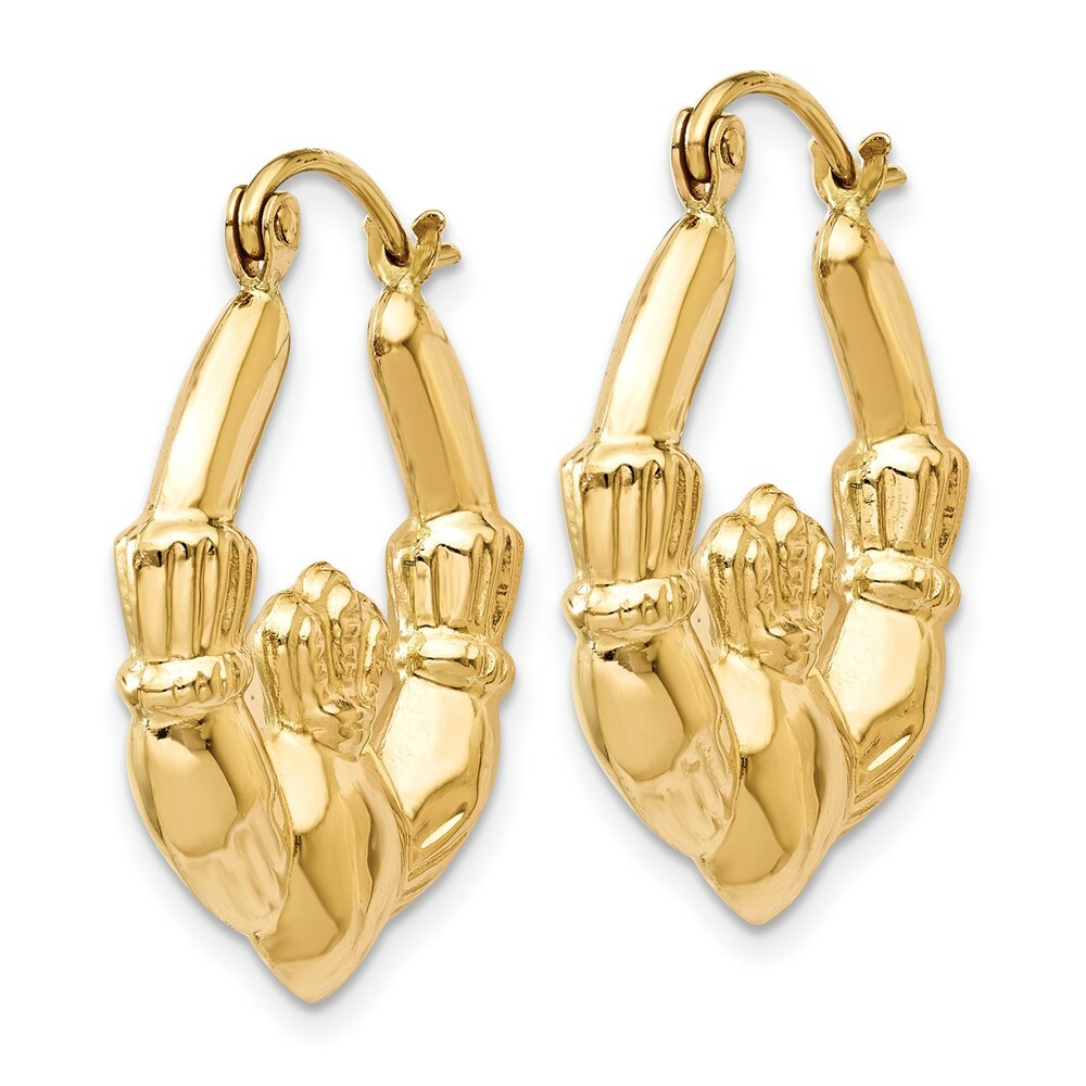 14K Yellow Gold Polished Claddagh Hoop Earrings 10mm length