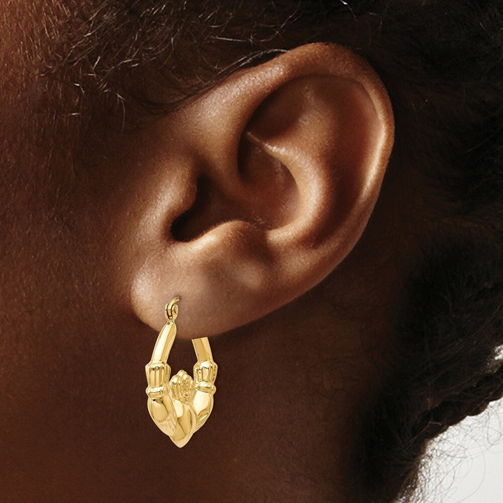 14K Yellow Gold Polished Claddagh Hoop Earrings 10mm length