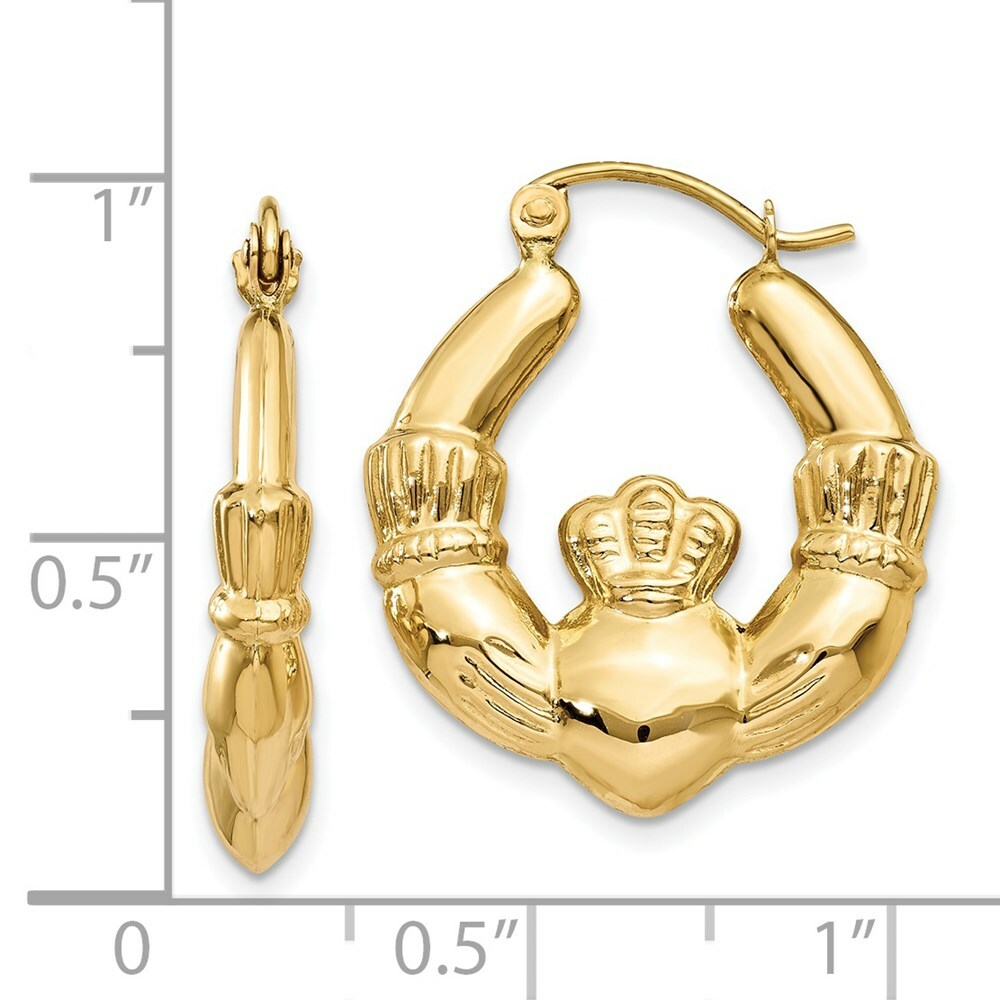 14K Yellow Gold Polished Claddagh Hoop Earrings 10mm length