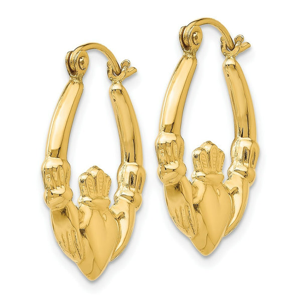 14K Yellow Gold Polished Claddagh Hoop Earrings 12mm length