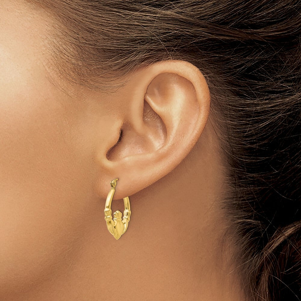 14K Yellow Gold Polished Claddagh Hoop Earrings 12mm length