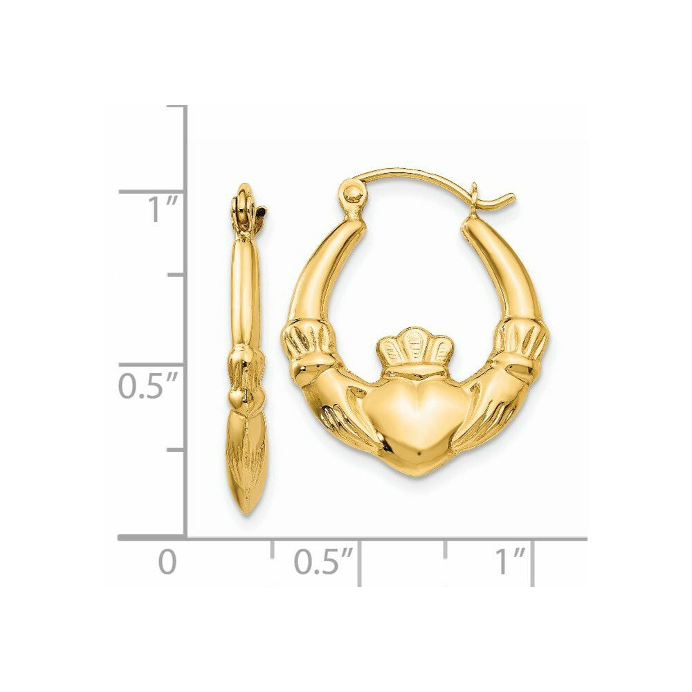 14K Yellow Gold Polished Claddagh Hoop Earrings 12mm length