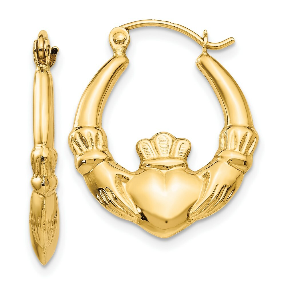 14K Yellow Gold Polished Claddagh Hoop Earrings 12mm length