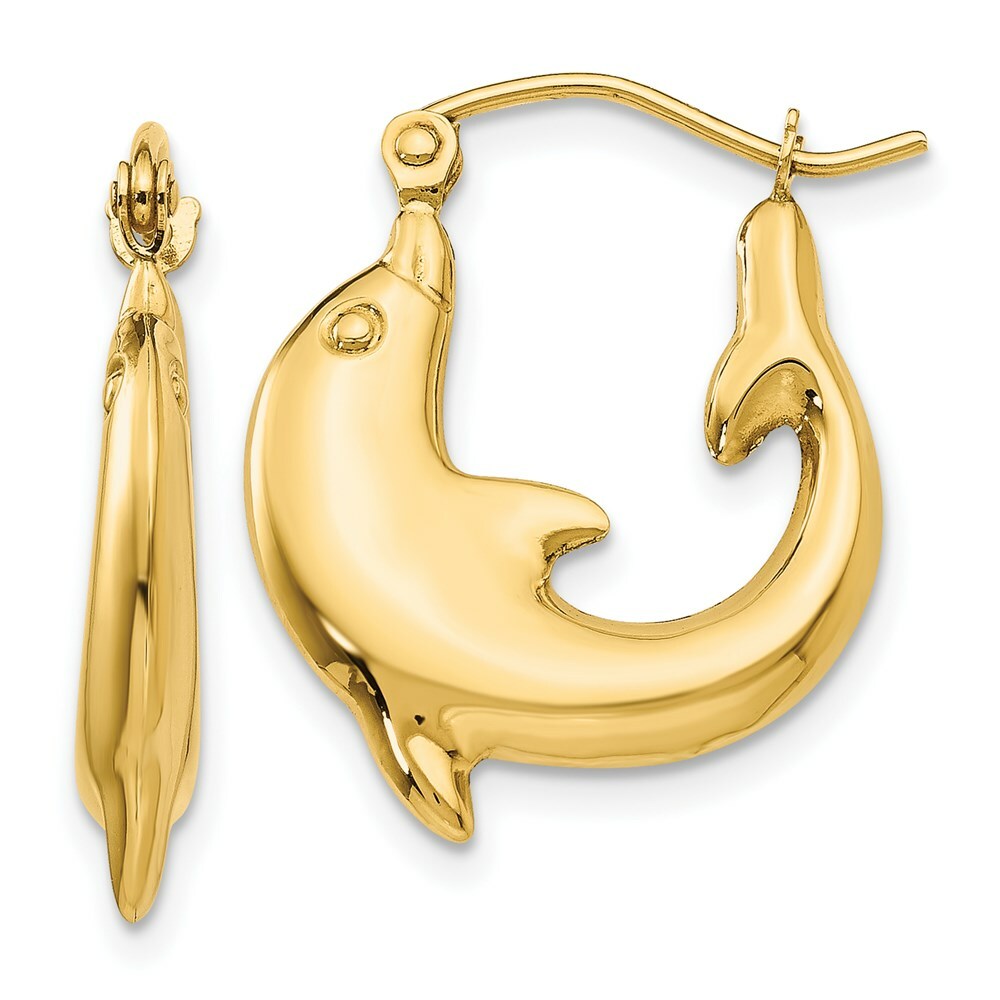 14K Yellow Gold Polished Dolphin Hoop Earrings 10mm length