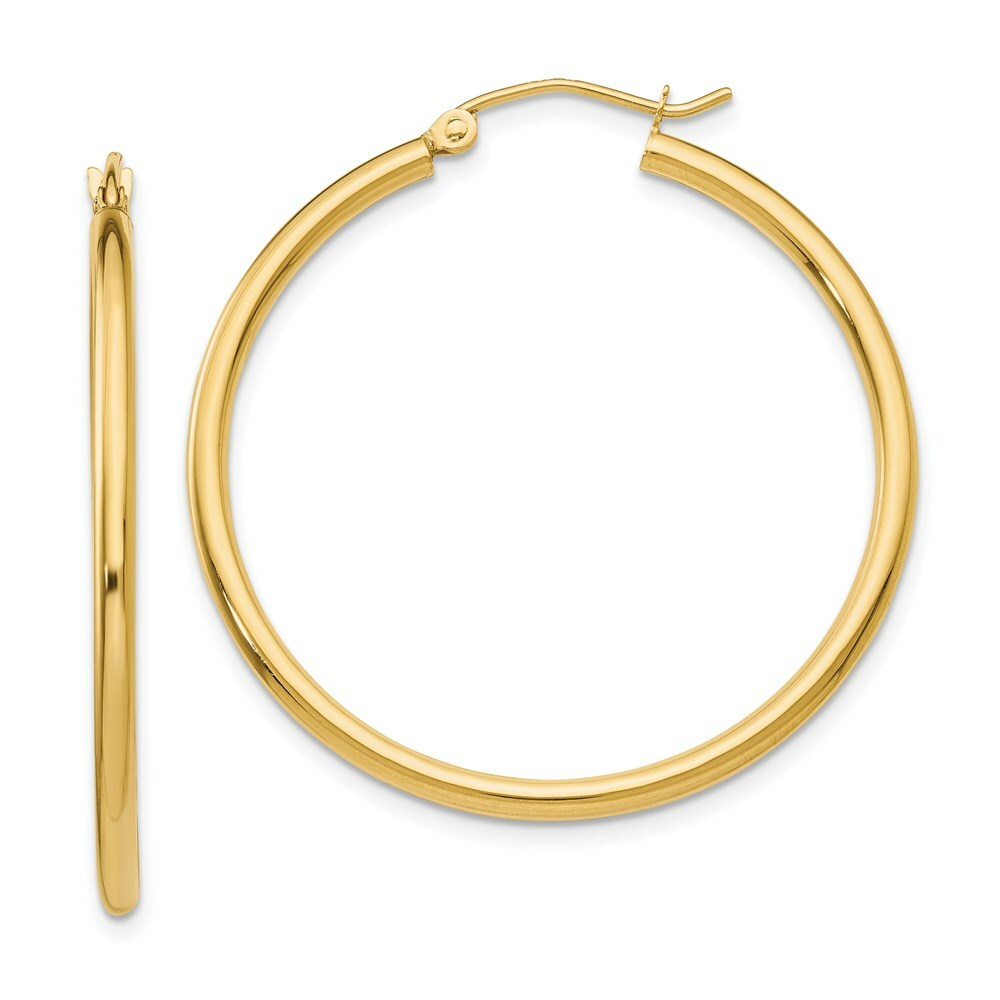 14K Yellow Gold Polished 2mm Round Hoop Earrings 35mm length