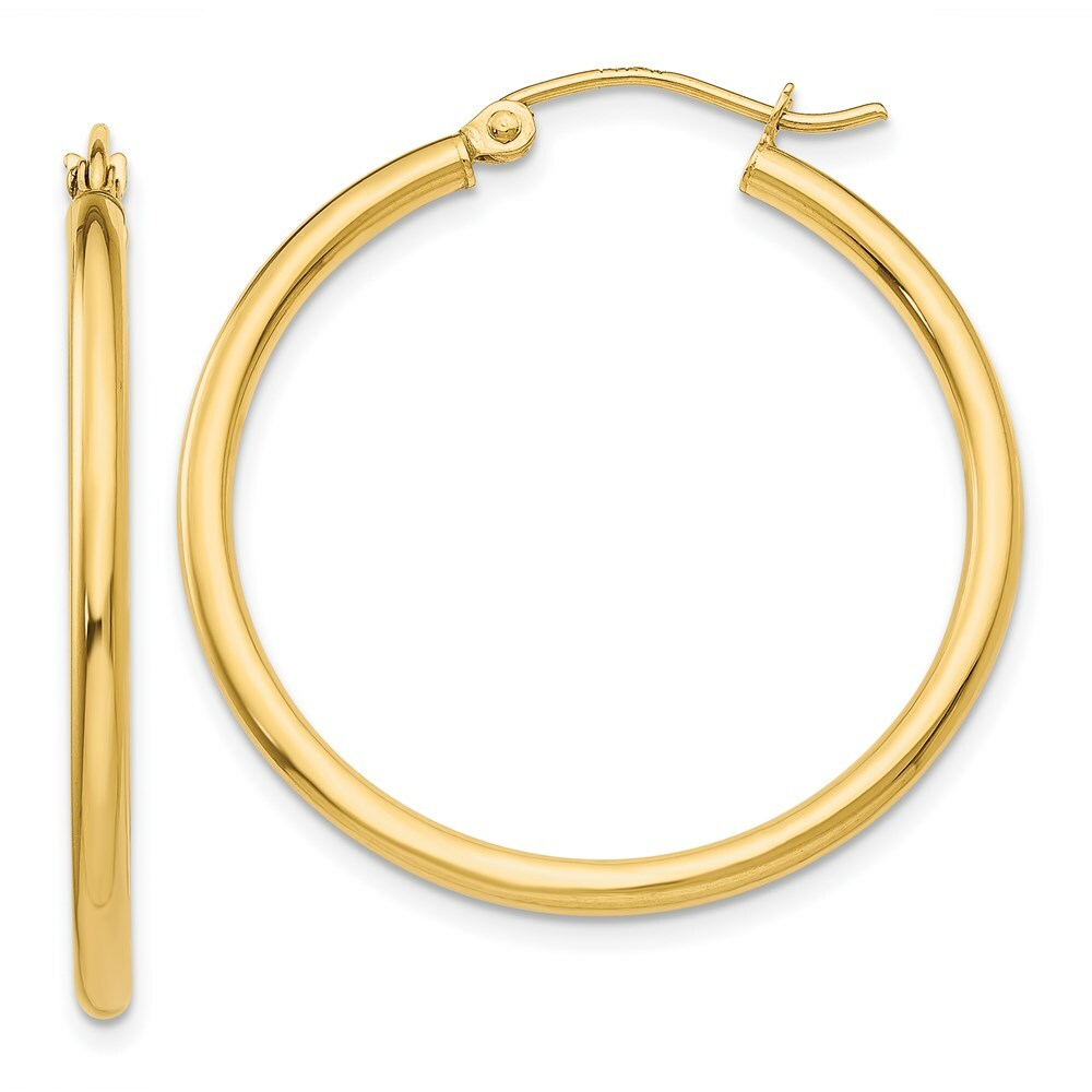 14K Yellow Gold Polished 2mm Round Hoop Earrings 30mm length