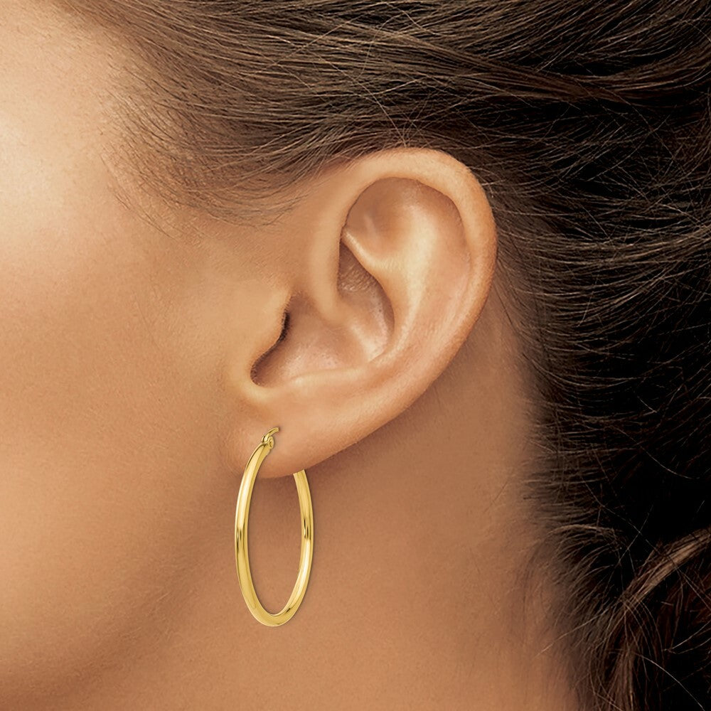 14K Yellow Gold Lightweight Tube Hoop Earrings  30mm length