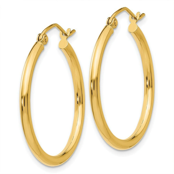 14K Yellow Gold Polished 2mm Round Hoop Earrings 25mm length