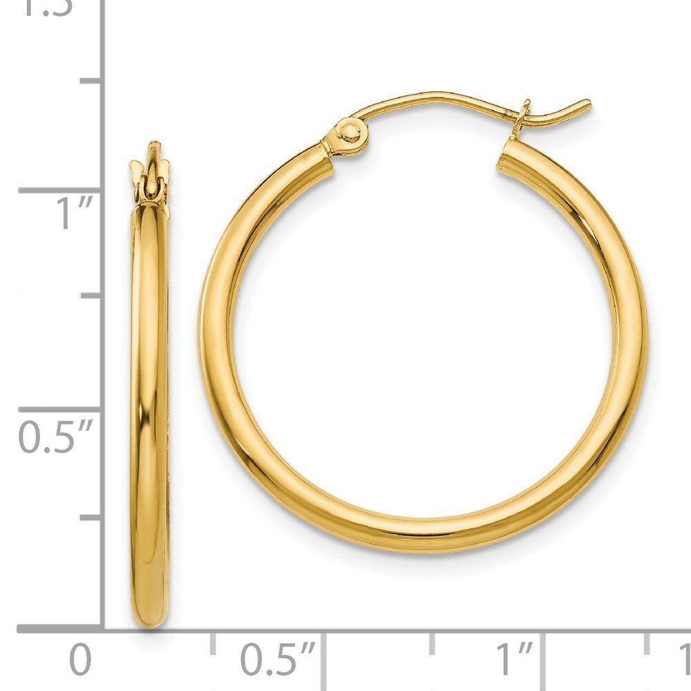 14K Yellow Gold Polished 2mm Round Hoop Earrings 25mm length