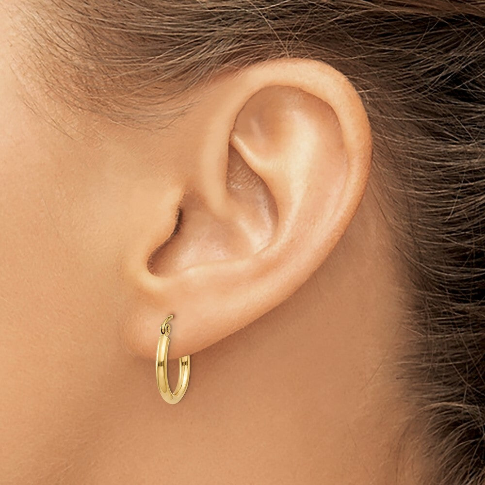 14K Yellow Gold Polished 2mm Round Hoop Earrings 15mm length