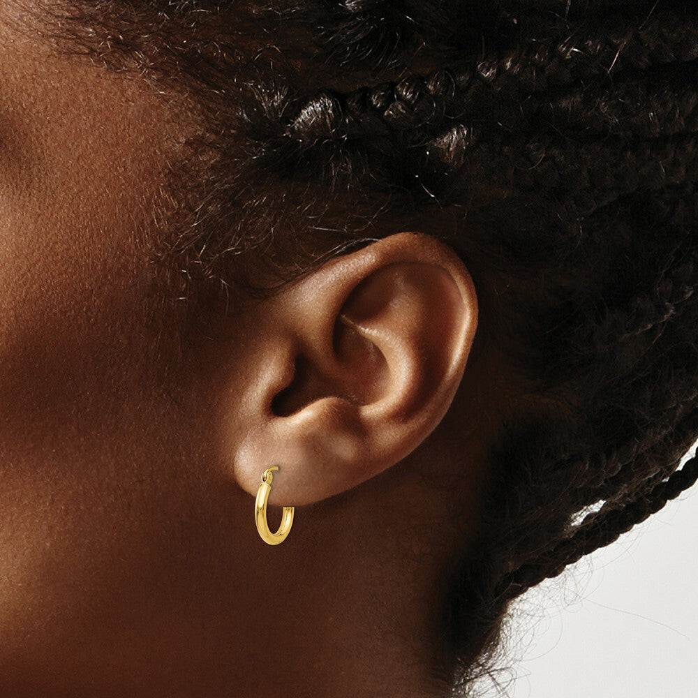 14K Yellow Gold Polished 2mm Round Hoop Earrings 13mm length