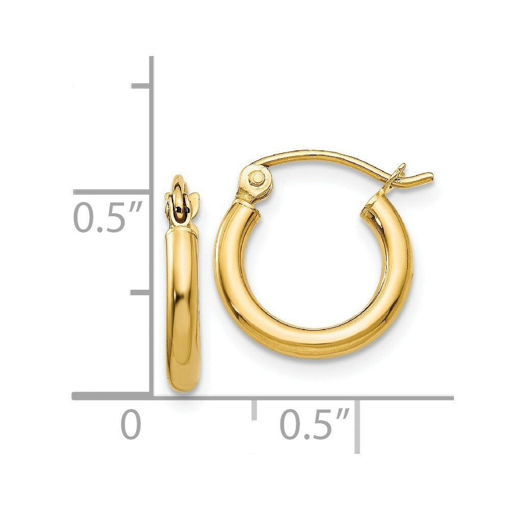 14K Yellow Gold Polished 2mm Round Hoop Earrings 13mm length