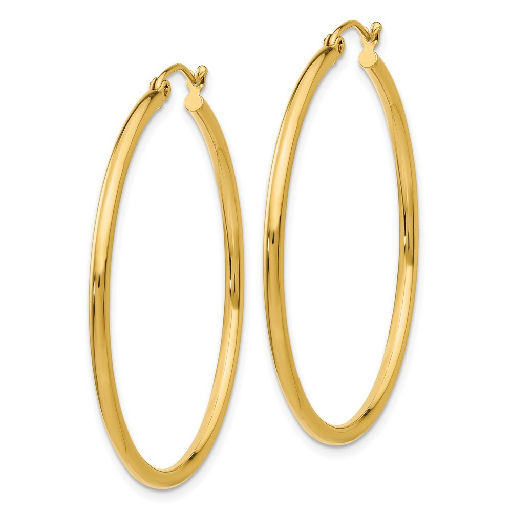 14K Yellow Gold Polished 2mm Round Hoop Earrings 40mm length