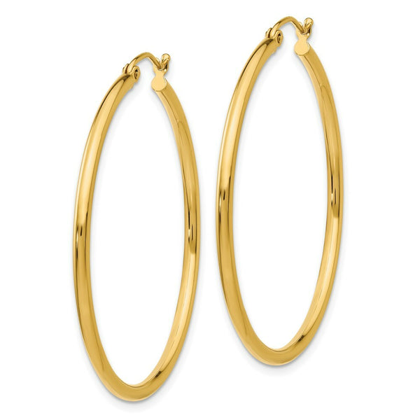 14K Yellow Gold Polished 2mm Round Hoop Earrings 40mm length