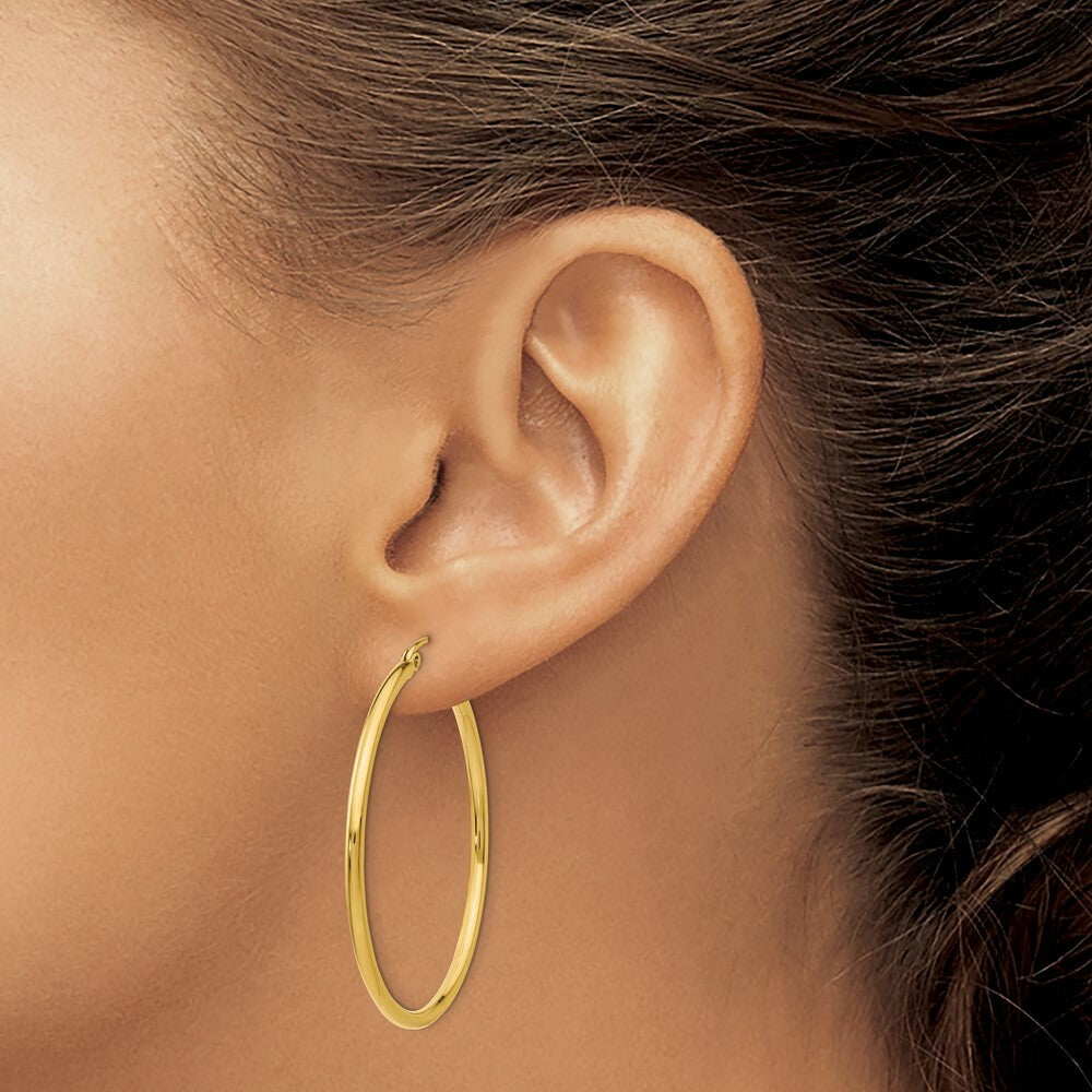 14K Yellow Gold Polished 2mm Round Hoop Earrings 40mm length