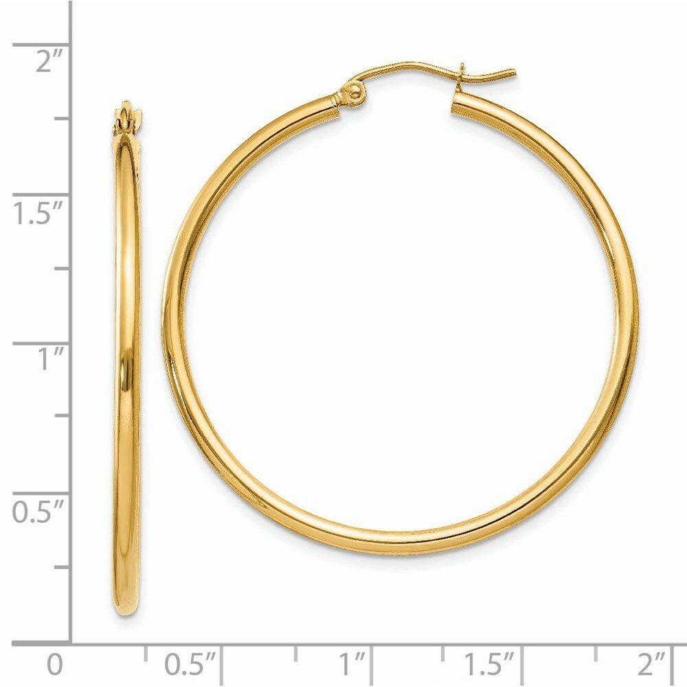 14K Yellow Gold Polished 2mm Round Hoop Earrings 40mm length