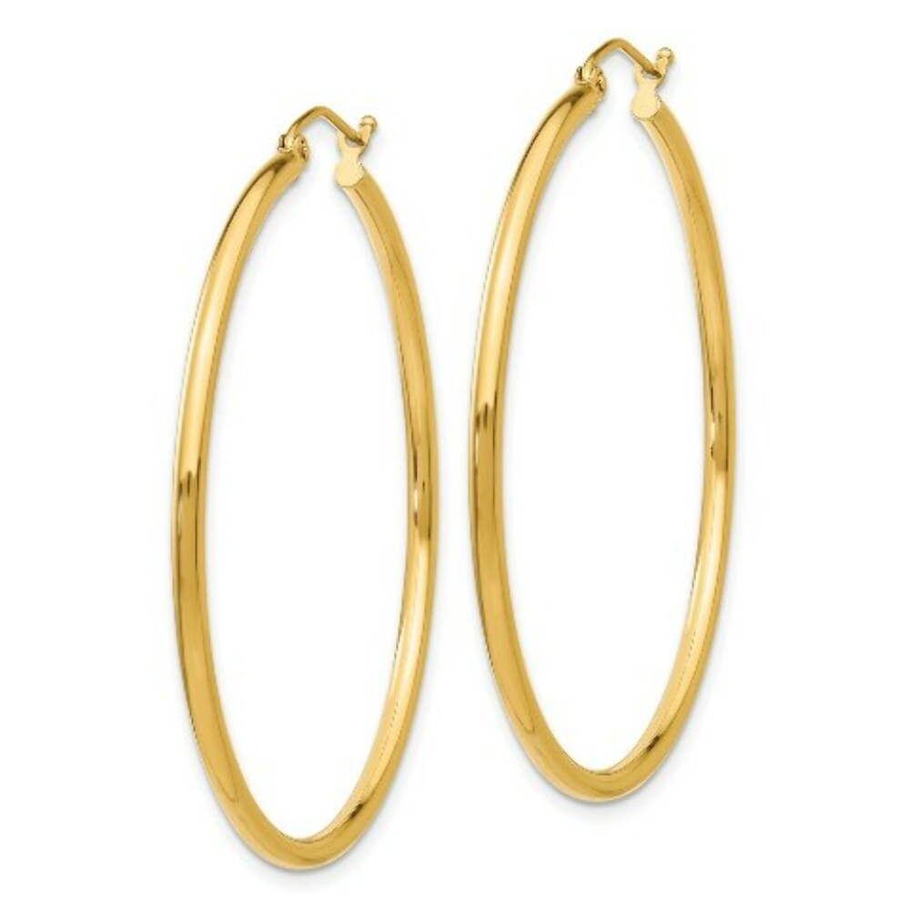 14K Yellow Gold Polished 2mm Round Hoop Earrings 45mm length