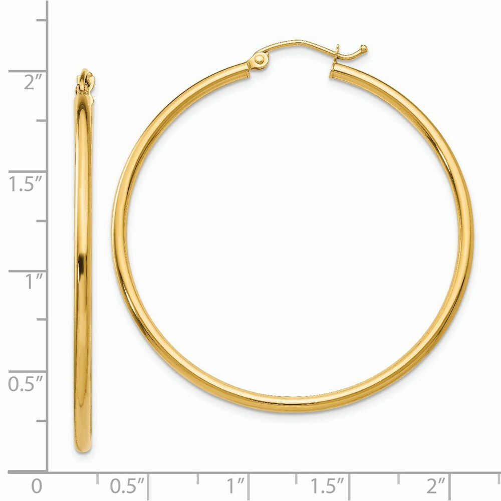 14K Yellow Gold Polished 2mm Round Hoop Earrings 45mm length