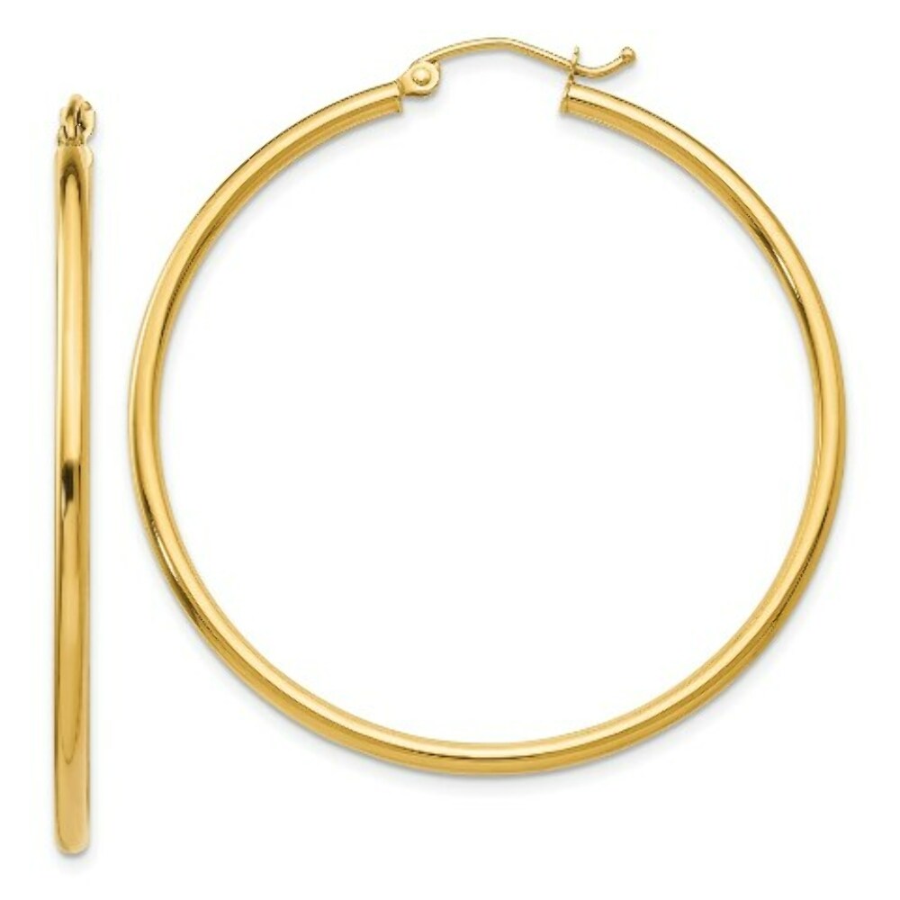 14K Yellow Gold Polished 2mm Round Hoop Earrings 45mm length