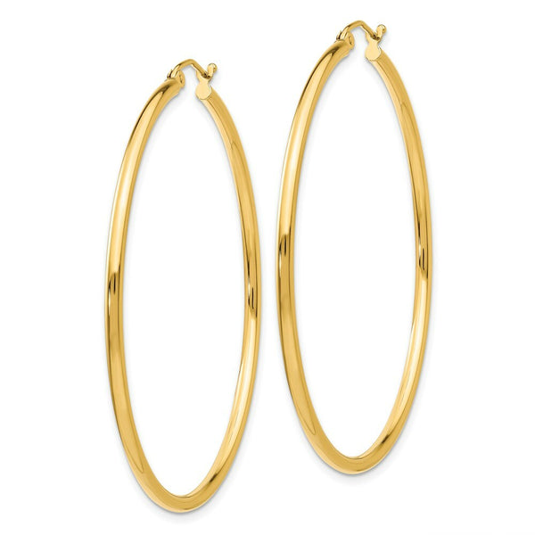14K Yellow Gold Polished 2mm Round Hoop Earrings 50mm length