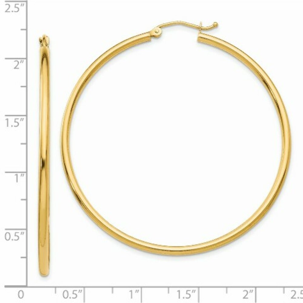 14K Yellow Gold Polished 2mm Round Hoop Earrings 50mm length