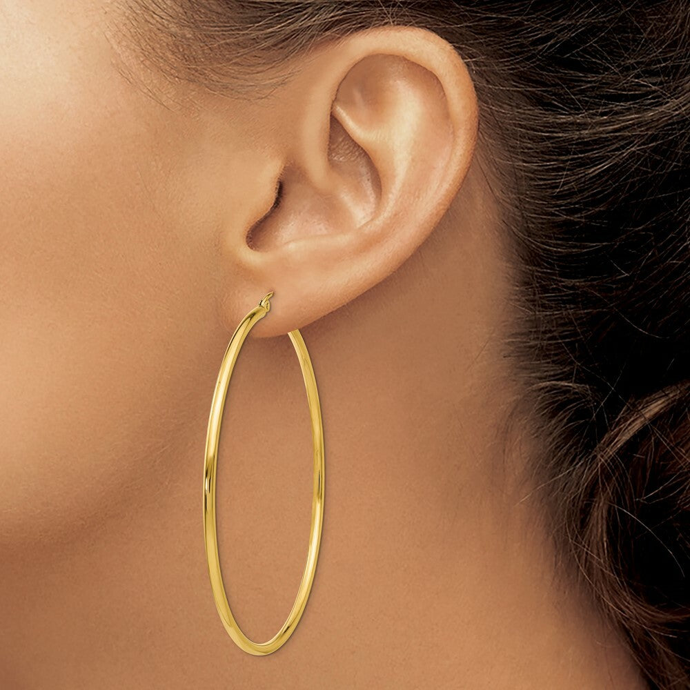 14K Yellow Gold Polished 2mm Round Hoop Earrings 60mm length
