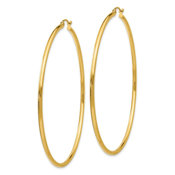 14K Yellow Gold Polished 2mm Round Hoop Earrings 65mm length