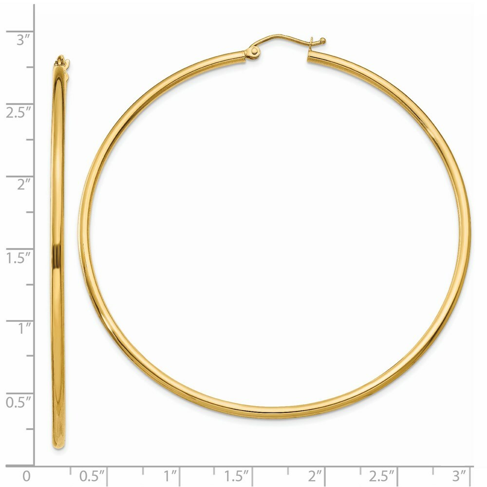 14K Yellow Gold Polished 2mm Round Hoop Earrings 65mm length