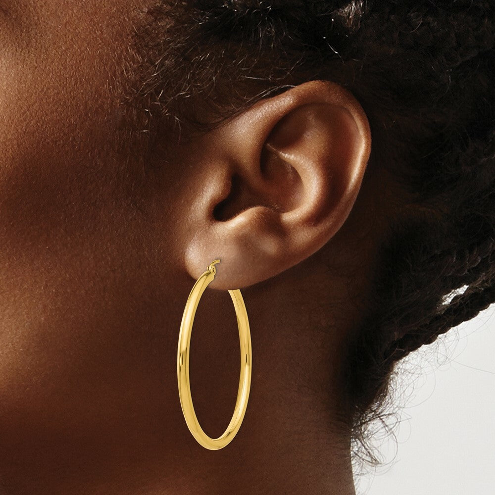 14K Yellow Gold Polished 2.5mm Round Hoop Earrings 40mm length