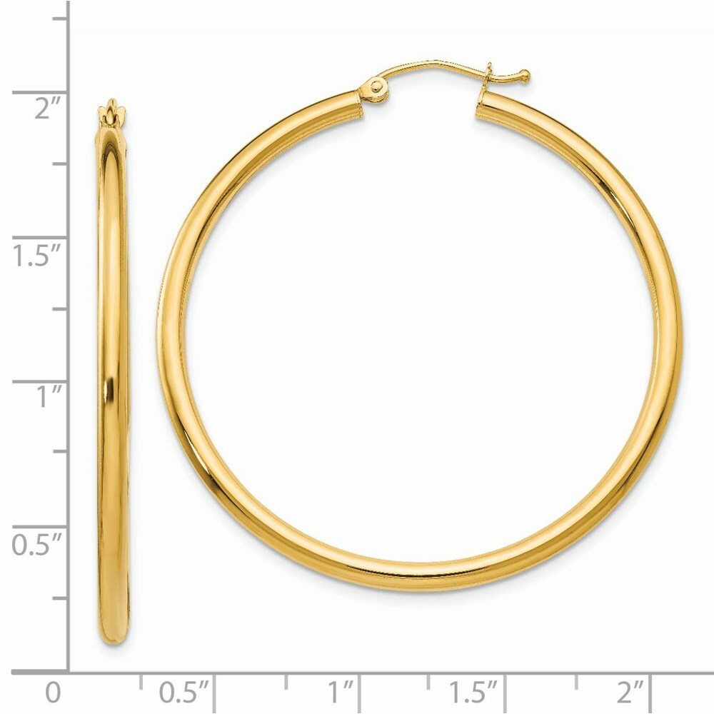 14K Yellow Gold Polished 2.5mm Round Hoop Earrings 45mm length