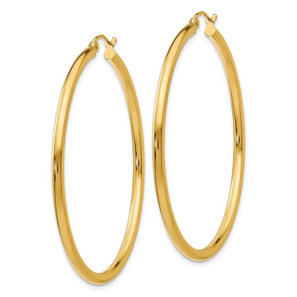 14K Yellow Gold Polished 2.5mm Round Hoop Earrings 50mm length