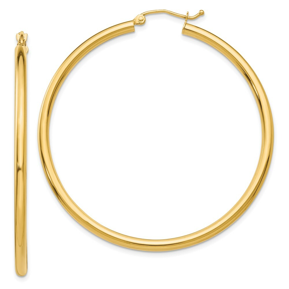 14K Yellow Gold Polished 2.5mm Round Hoop Earrings 50mm length