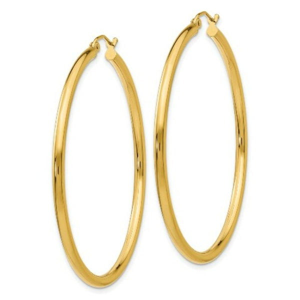 14K Yellow Gold Polished 2.5mm Lightweight Round Hoop Earrings 50mm length