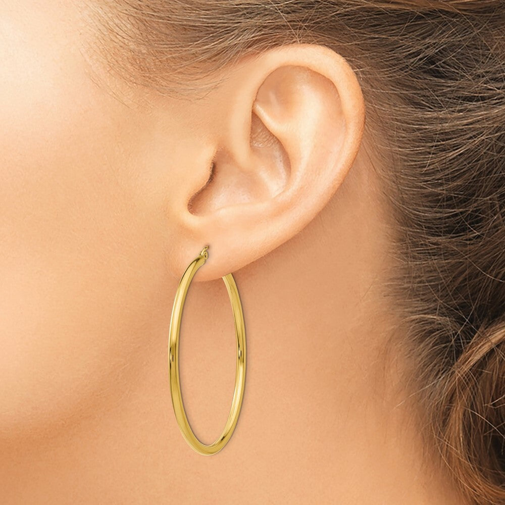 14K Yellow Gold Polished 2.5mm Lightweight Round Hoop Earrings 50mm length