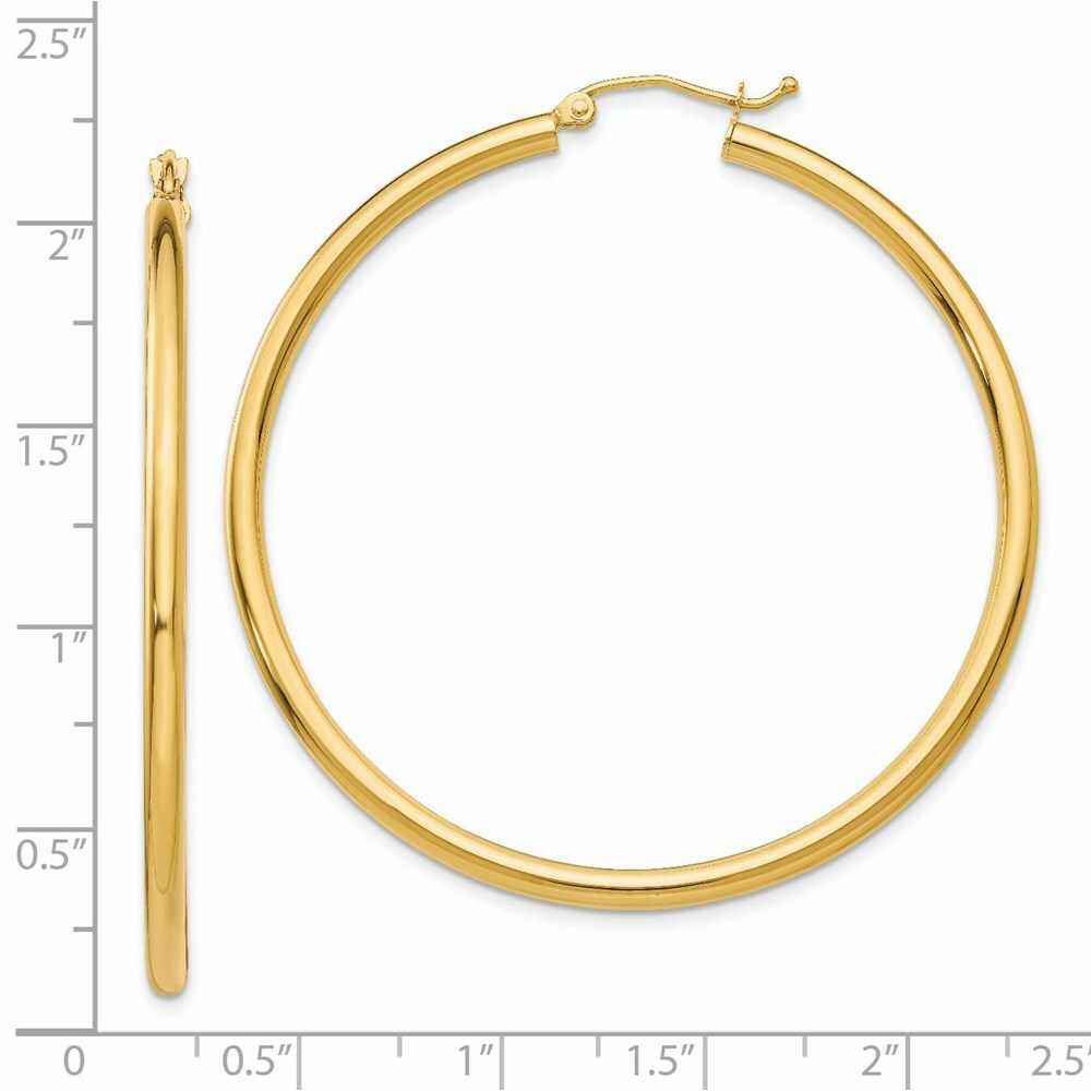 14K Yellow Gold Polished 2.5mm Lightweight Round Hoop Earrings 50mm length