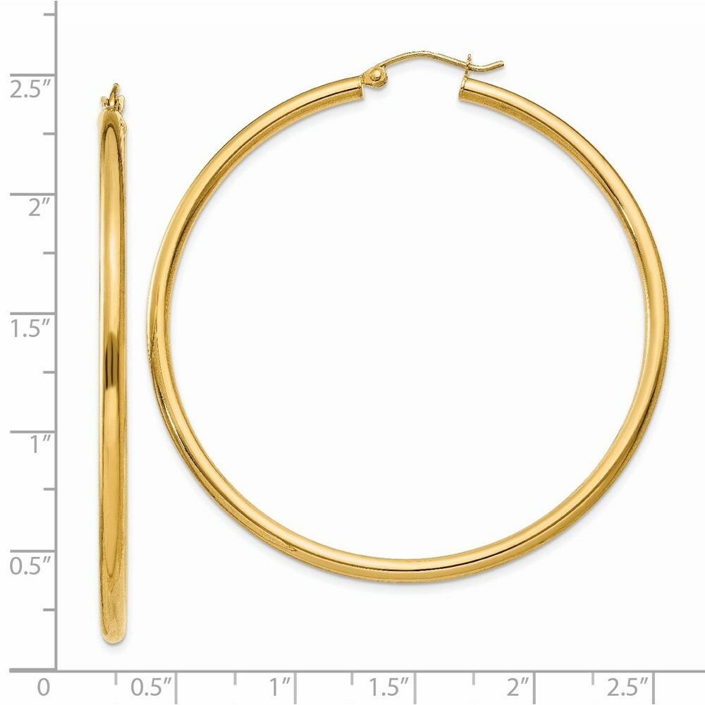 14K Yellow Gold Polished 2.5mm Round Hoop Earrings 55mm length