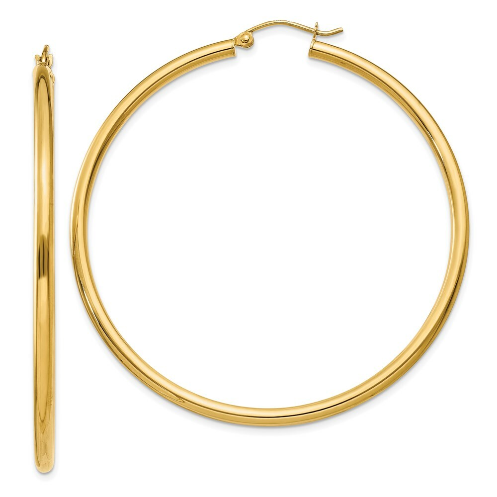14K Yellow Gold Polished 2.5mm Round Hoop Earrings 55mm length