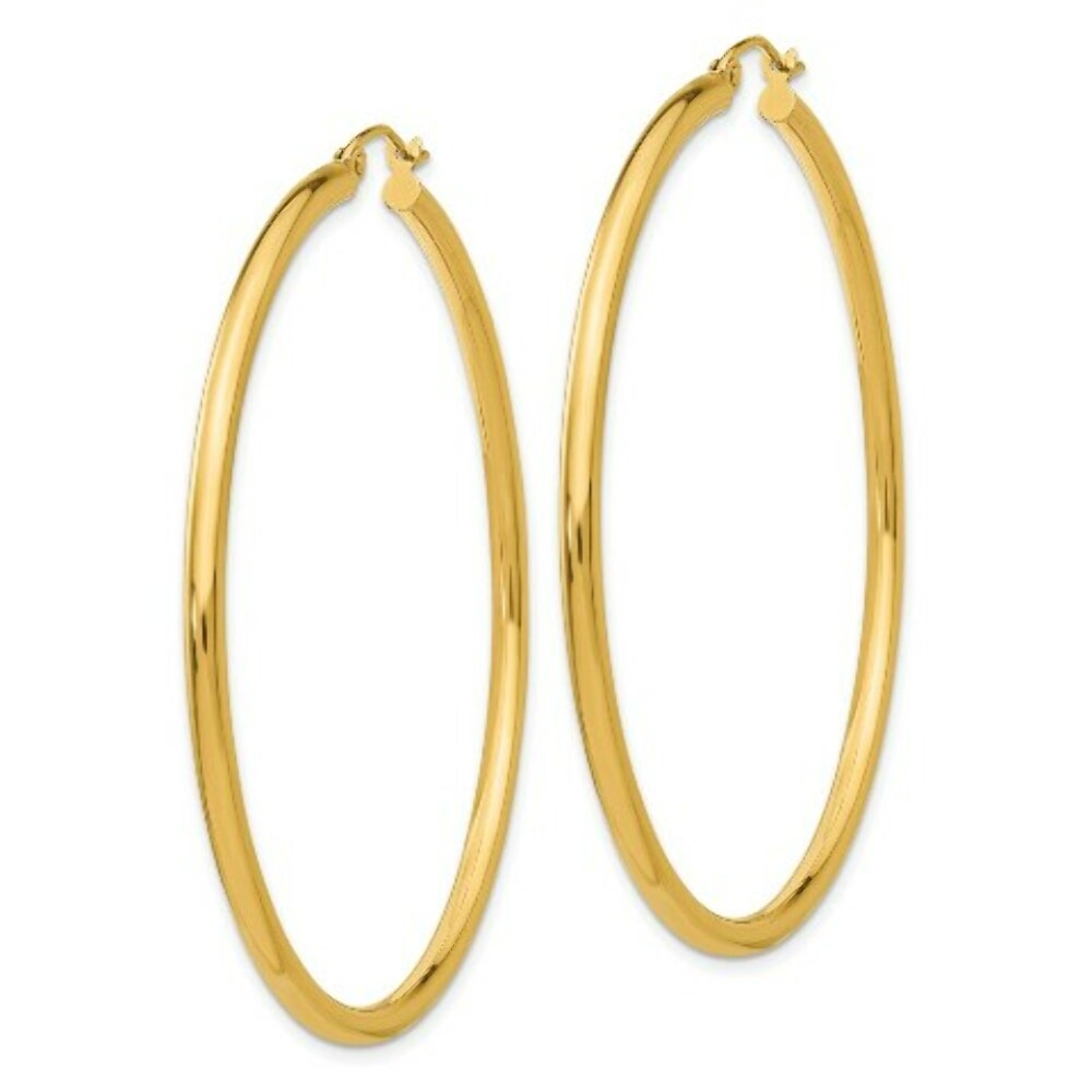 14K Yellow Gold Polished 2.5mm Lightweight Round Hoop Earrings 55mm length