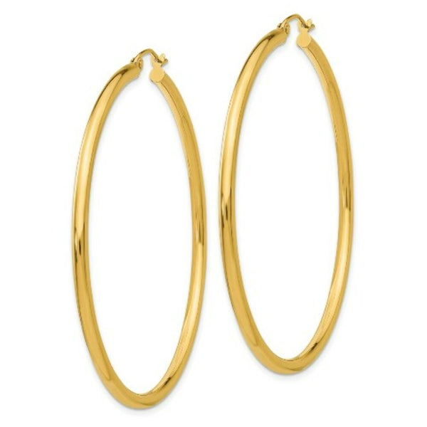 14K Yellow Gold Polished 2.5mm Lightweight Round Hoop Earrings 55mm length