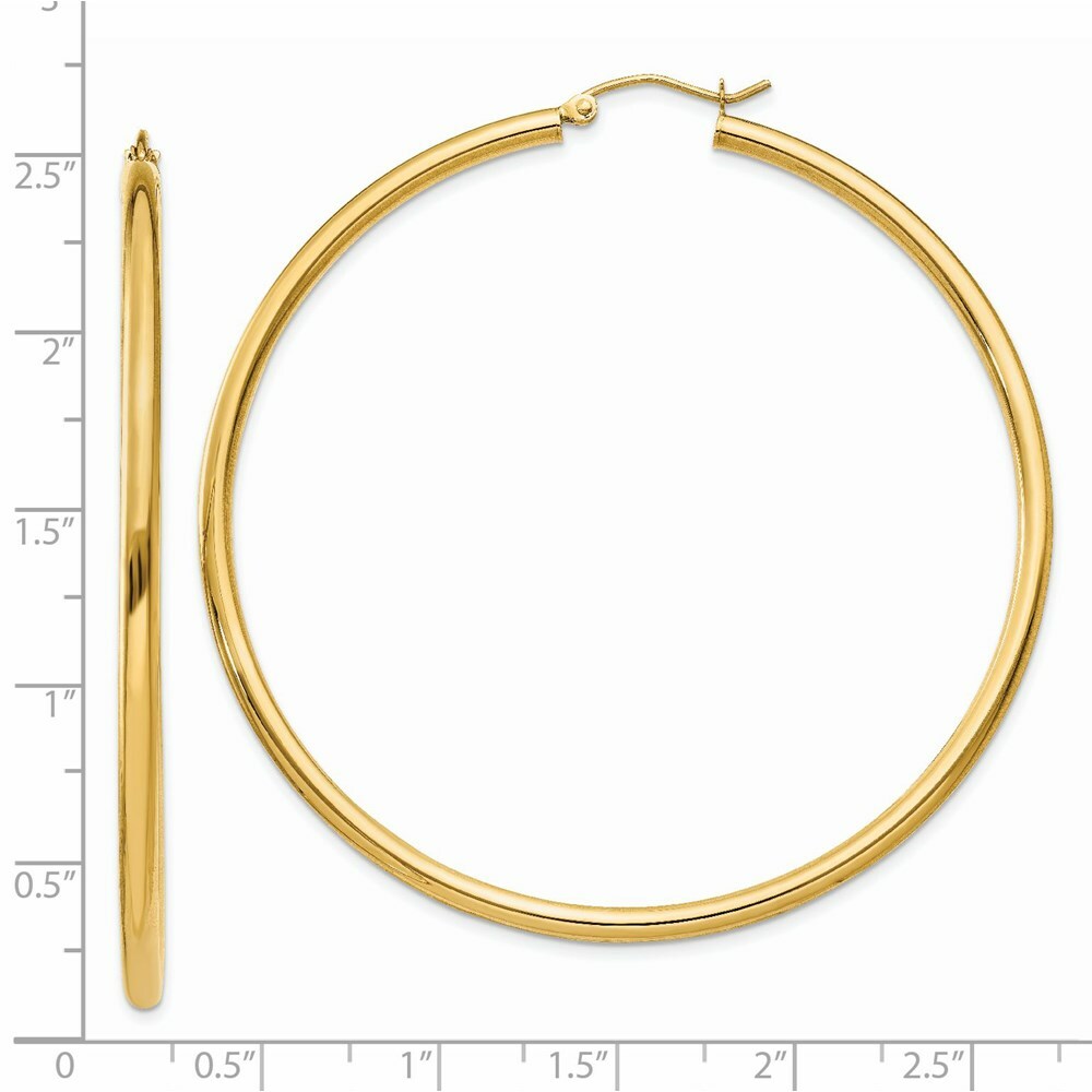 14K Yellow Gold Polished 2.5mm Round Hoop Earrings 60mm length