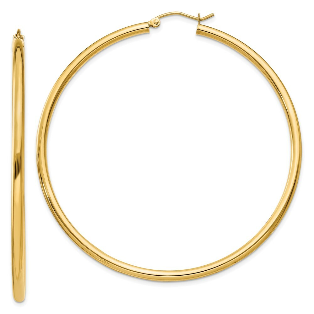 14K Yellow Gold Polished 2.5mm Round Hoop Earrings 60mm length