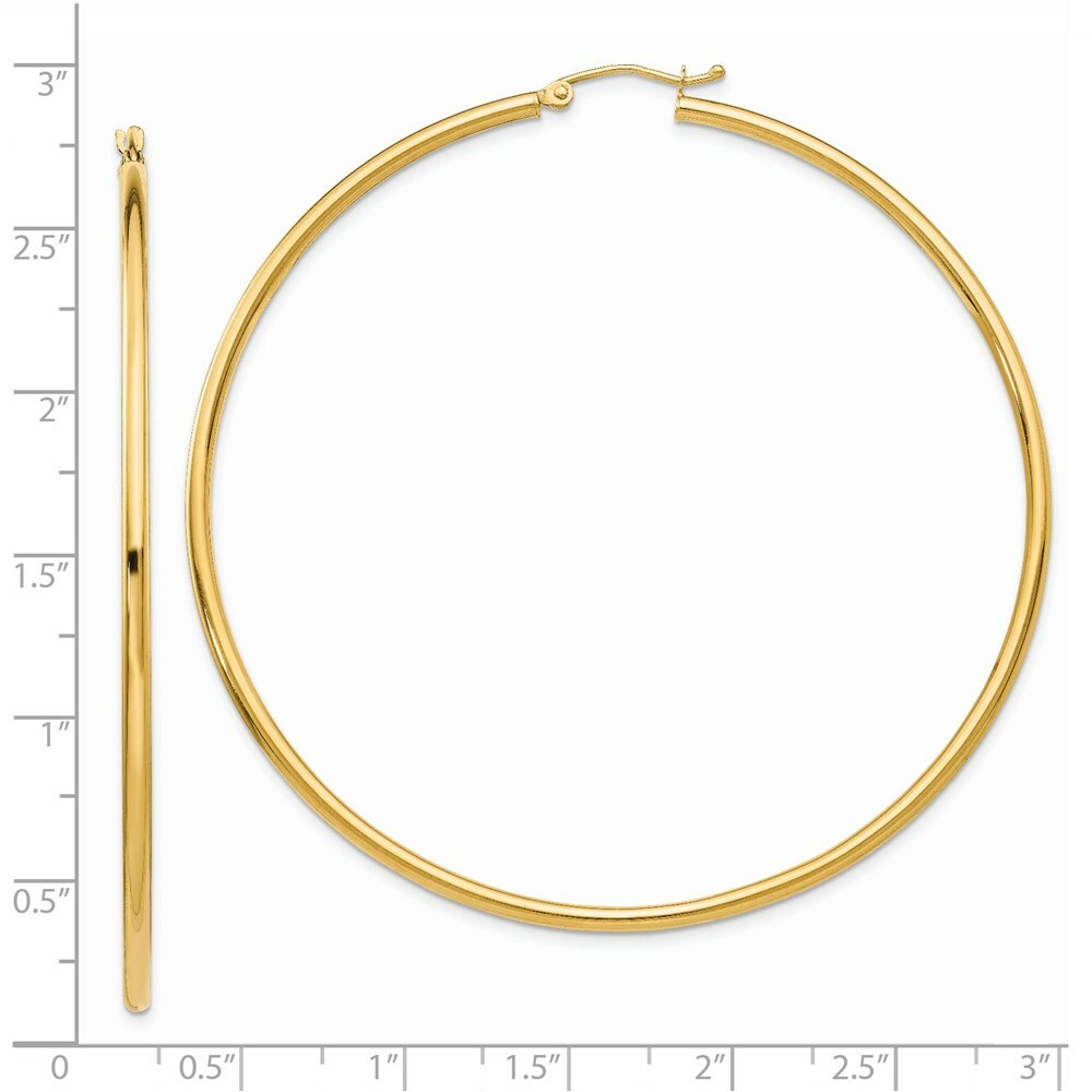 14K Yellow Gold Polished 2.5mm Round Hoop Earrings 65mm length