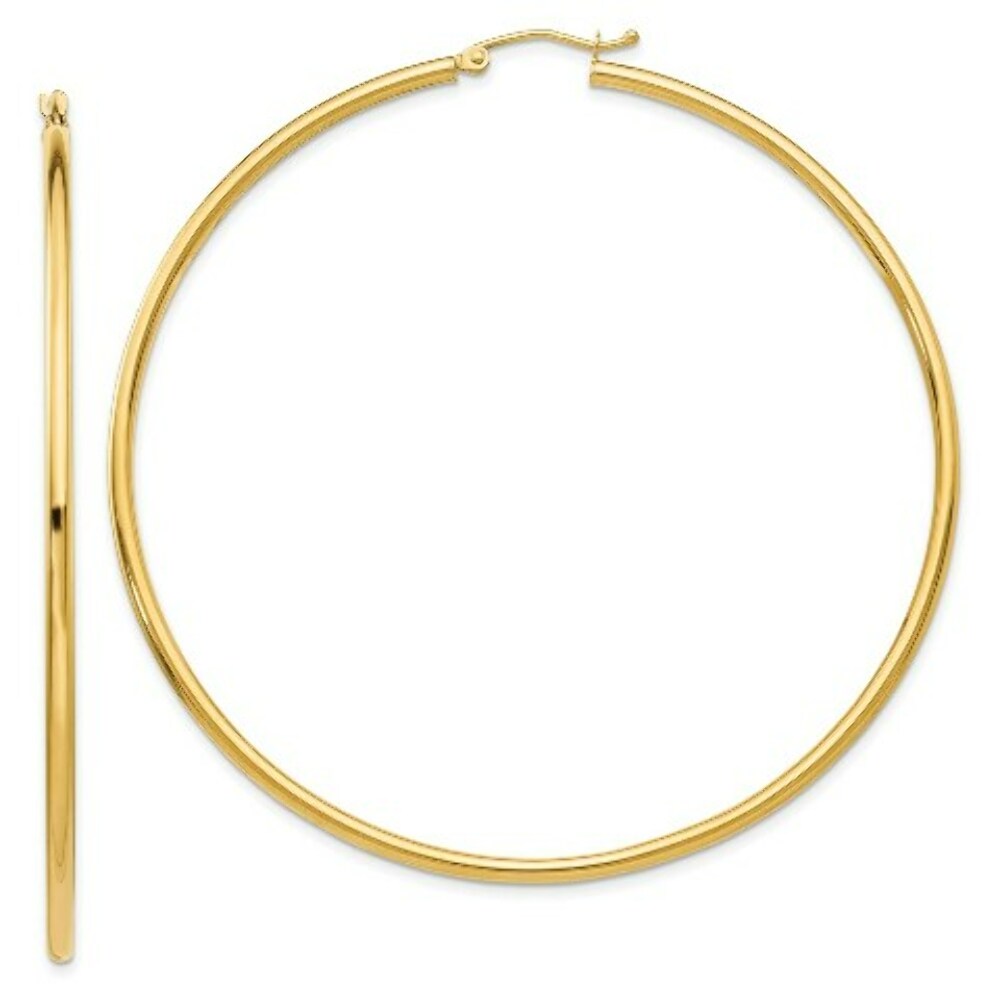 14K Yellow Gold Polished 2.5mm Round Hoop Earrings 65mm length