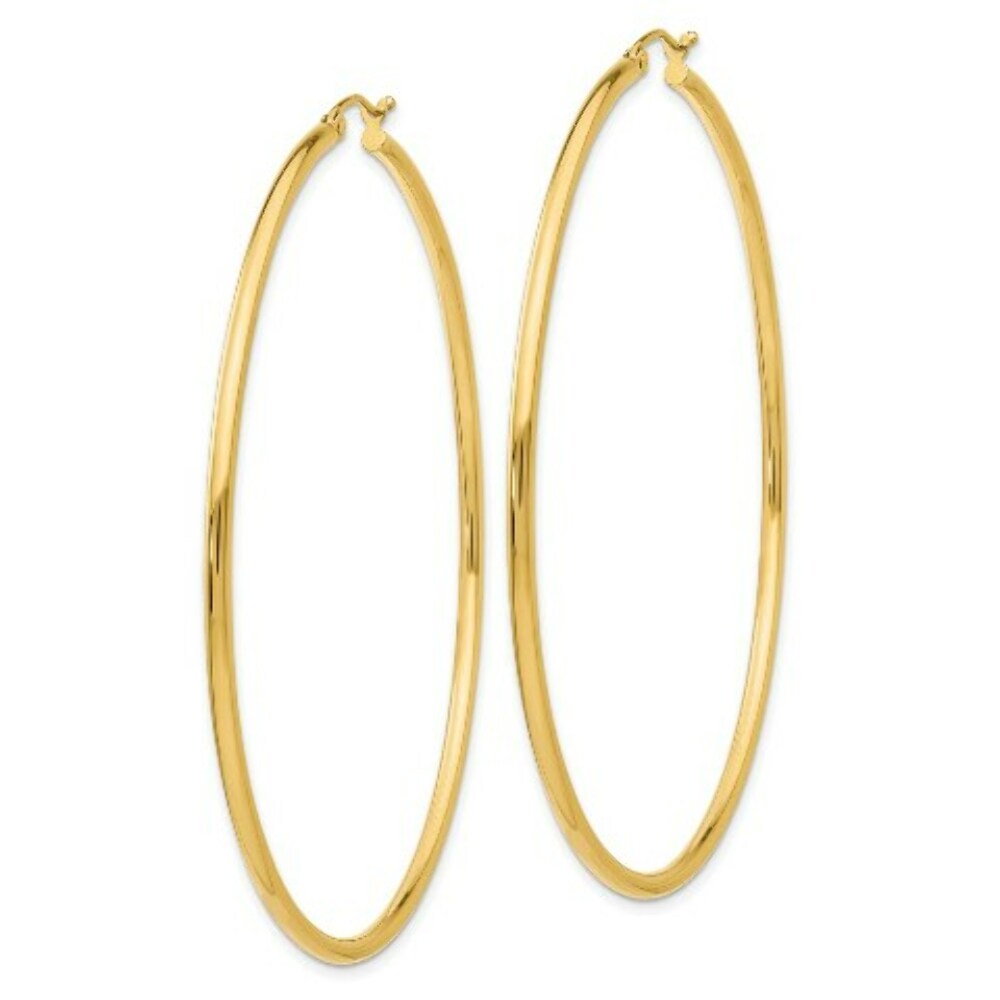 14K Yellow Gold Polished 2.5mm Lightweight Round Hoop Earrings 65mm length